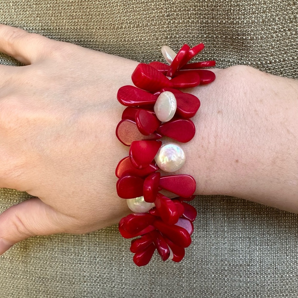 Artisan signed Sterling Silver Red Coral & Pearl bracelet Oversized Toggle Clasp